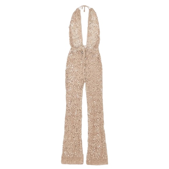 Retrofete Pants - RETROFÊTE Tosca Sequin Crochet Jumpsuit - Rose Gold